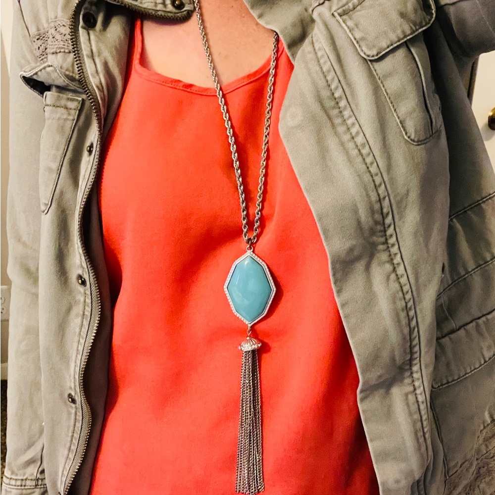 Black/Teal Reversible Tassle Pendant on a Silver Rope Chain